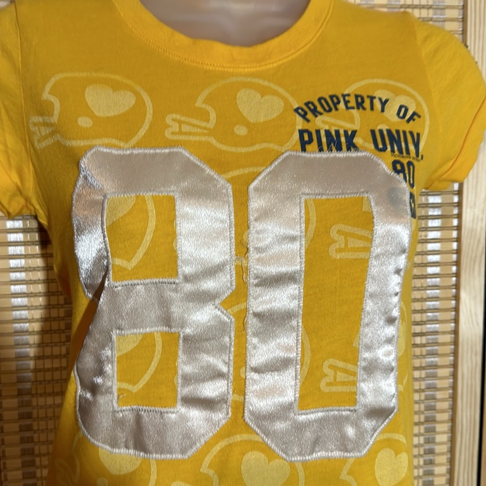 PINK Victoria's Secret Orange Yellow Football Tee Shirt Capped Sleeves XS - Picture 6 of 15